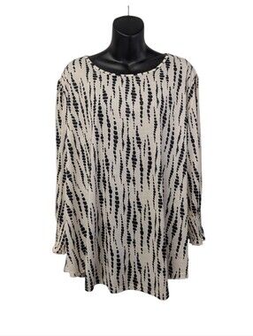 XIEERDUO Womens Plus 3X Beige Black Abstract Long Sleeve Tunic Blouse Pleat